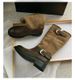 Cowhide Version Buckle Locomotive Boots Long Boots Women's Thick Heel Round Head Splicing Western Boots Pleated Stacking Boots Knight Boots_vogvips.com