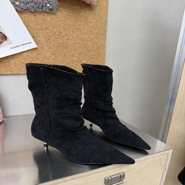 2-Way Wear 2025 New Autumn Winter Pointed Toe Thin Mid Women's Shoes Suede Low Heel Short Tube Slouch Boots_vogvips.com