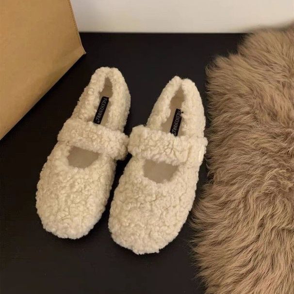 French Style Outdoor Velcro Beanie Casual Mary Jane Furry Women 2025 New Single Shoes With Fleece For Autumn And Winter_vogvips.com