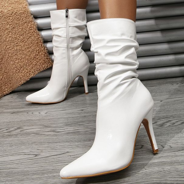 Elegant Pointed Toe White High Heel Boots With Wrinkle Detail, Slim Fit Ankle Boots For Women, Fashionable British Style_vogvips.com