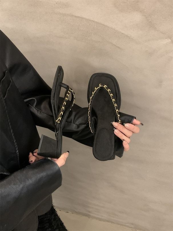 2026 Summer New Style Elegant Chunky Flip-Flops For Women, Retro Metal Chain Toe Clip High Heel Sandals_vogvips.com