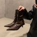 French Style Elegant High Heel Slim Short For Women 2025 Summer Brown Pointed Toe Ankle Spring And Autumn Single Boots_vogvips.com