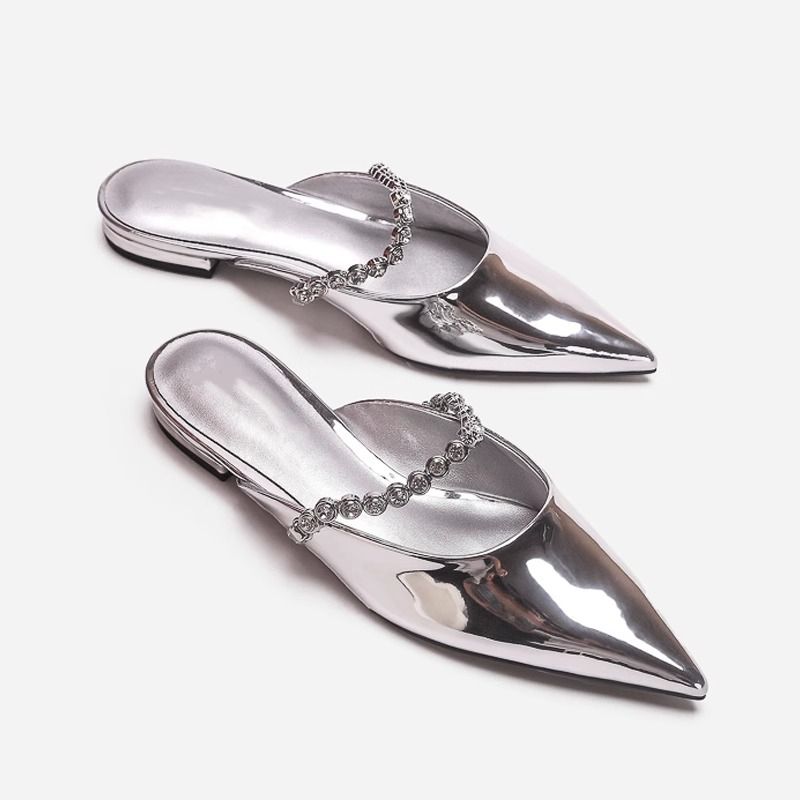 Summer Wear, Silver Closed Toe Mule Flat Sandals, High End Style, Pointed Toe, French Style Half Slippers For Women._vogvips.com