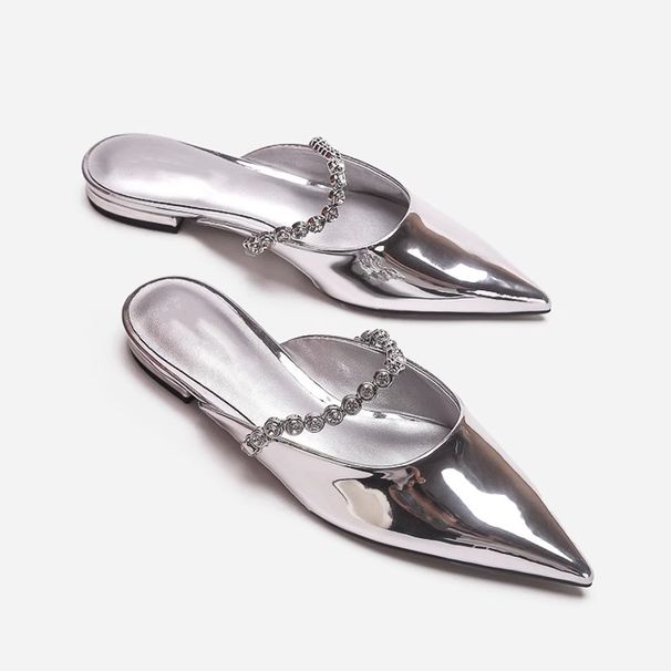 Summer Wear, Silver Closed Toe Mule Flat Sandals, High End Style, Pointed Toe, French Style Half Slippers For Women._vogvips.com