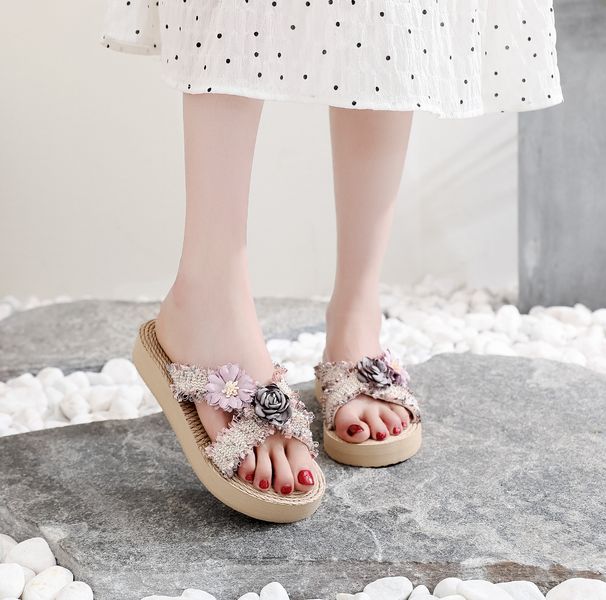 Women’s Shoes Summer Small Fragrance Style Outdoor Vacation BeachSlippers Women's Wedge Heel Flower Beach Shoes_vogvips.com