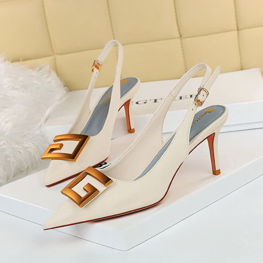 Pointed Toe Hollow Back Strap Metal Square Buckle Single Style Banquet Women S Stiletto High Heel Shallow Mouth Height_vogvips.com
