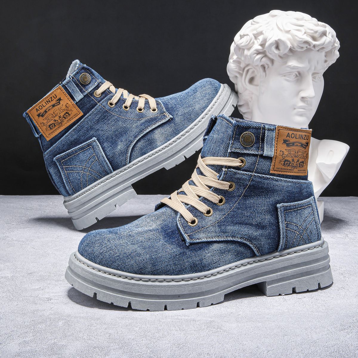 Men's Shoes Large Size 48 Men's Shoes New High Top Sneakers Denim Casual Versatile Workwear Martin Trendy Shoes_vogvips.com
