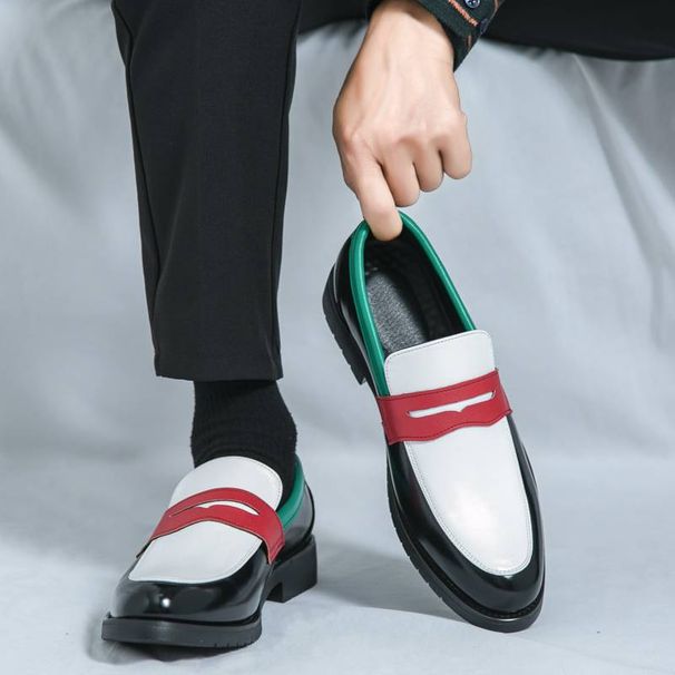 New Men's Fashionable Black And White Color-blocking Business Casual Loafers Leather Pointed Toe Men's Shoes Banquet Dress Wedding Shoes_vogvips.com