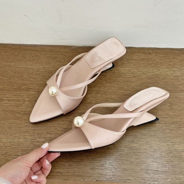Pearl Sweet French Pointed Toe Open-toe Wedge Women 2026 Summer Slip-on High-heeled Satin Sandals For Outdoor Wear_vogvips.com