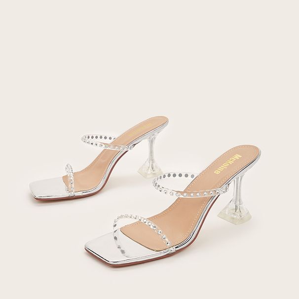 A Slip On Square Head Crystal Glass With High Heels New Temperament Sandals_vogvips.com