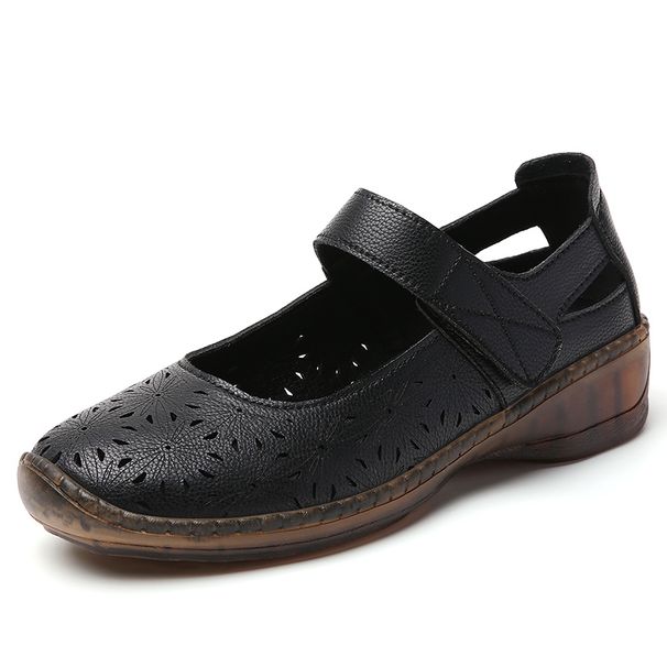 Retro Perforated Cowhide Upper Sandals With Velcro Fastening, 2.5 Cm Low Heel, Versatile And Breathable, Suitable For Casual Wear, Women's Shoes._vogvips.com