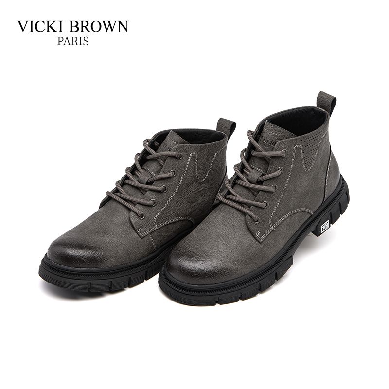 VICKI BROWN Men's Black Leather Ankle Combat Boots, Soft Fabric Lining Comfort Padded Insole, Non-Slip Block Rubber Sole Casual Work Outdoor Boot_vogvips.com