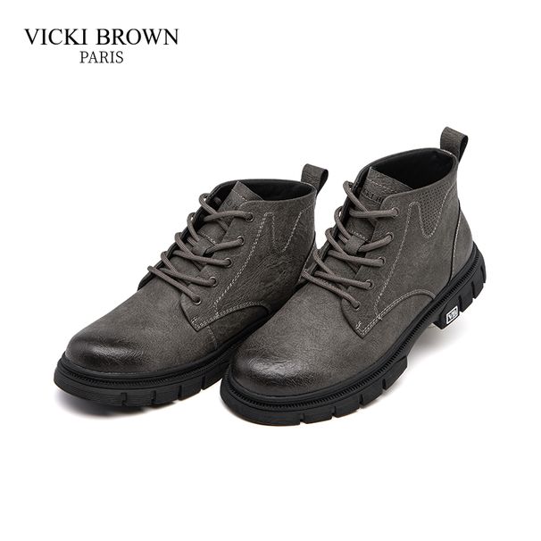VICKI BROWN Men's Black Leather Ankle Combat Boots, Soft Fabric Lining Comfort Padded Insole, Non-Slip Block Rubber Sole Casual Work Outdoor Boot_vogvips.com