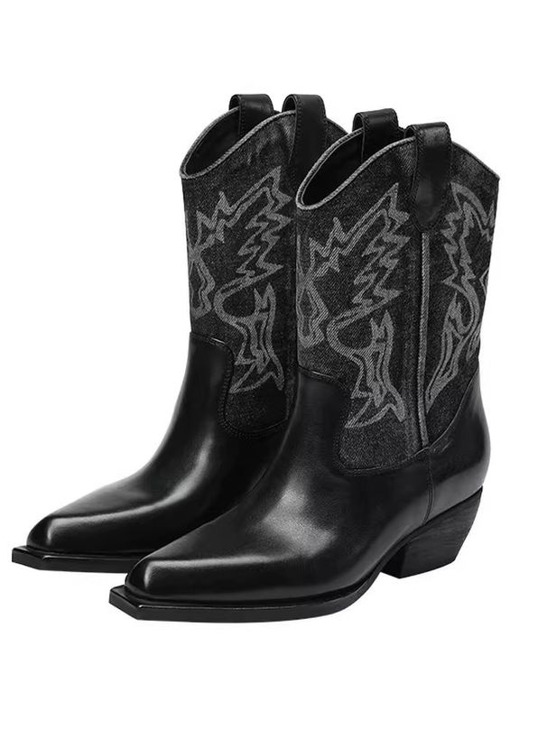 Cai Wenjing Style Pointed Toe Chunky Heel Western Cowboy For Women 2025 Autumn Winter Color Block Short Boots Versatile_vogvips.com