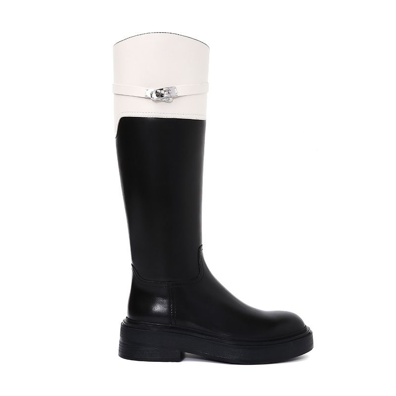 Su Yinyin~ Thick-Soled Buckle Over-the-Knee Autumn Winter New Round-Toe Color-Block High Tube Riding Boots For Women_vogvips.com
