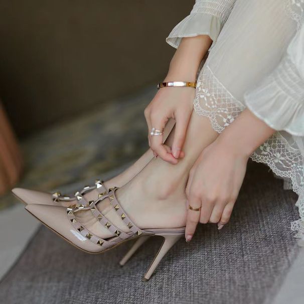 Rivet Nude High Heels With Thin Heel, 2026 New Model, Closed-Toe Half-Slipper, Backless Roman Sandals For Women, Summer_vogvips.com