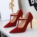 Women's Shoes Pointed Toe High Heels, Sexy Stiletto Heels, Versatile Red Sole, Suede, T Strap, Low Cut, Elegant Single Shoes For Women._vogvips.com