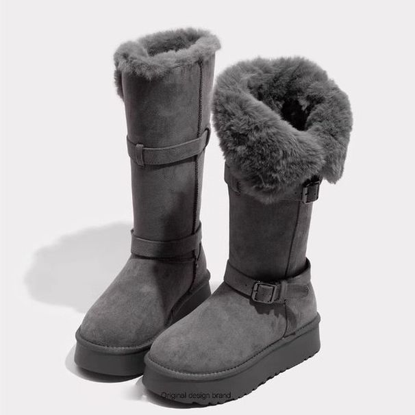Grey Fleece Thick-soled Long Snow Boots For Women's Winter New Style Warm Cotton Shoes_vogvips.com