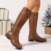 Women's Fashion Knee High Boots With Belt Buckle Detail Low Heel Round Toe Winter Casual Riding Boots Diamond Pattern Long Boots_vogvips.com