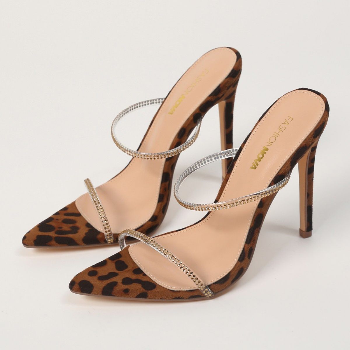Summer New Pointed Leopard Print Rhinestone High Sandals Peep Toe Sexy One Strap Thin Heel Half Slippers Women's Shoes_vogvips.com