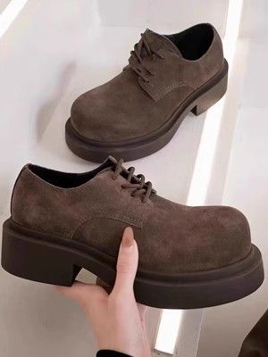 European Women's Celebrity Same 2025 New Genuine Leather Chunky Heel Single Lace-up British Style Big Toe Shoes_vogvips.com