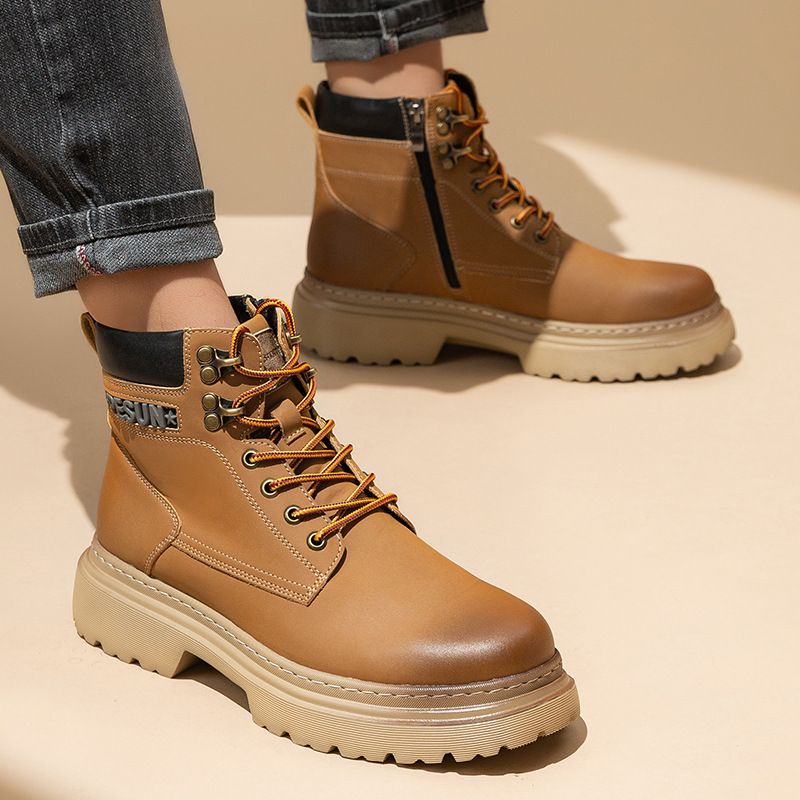 Men's Classic Leather Work Boots - Comfortable Mid-Calf Martin Boots With Cushioned Sole For Casual & Outdoor Wear (Yellow Brown, Khaki)_vogvips.com