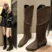 Fashion Bohemian Knee Length Tassel Synthetic Suede Boots Womens Short And Chubby High Heels Long Botas MUJI 240930_vogvips.com
