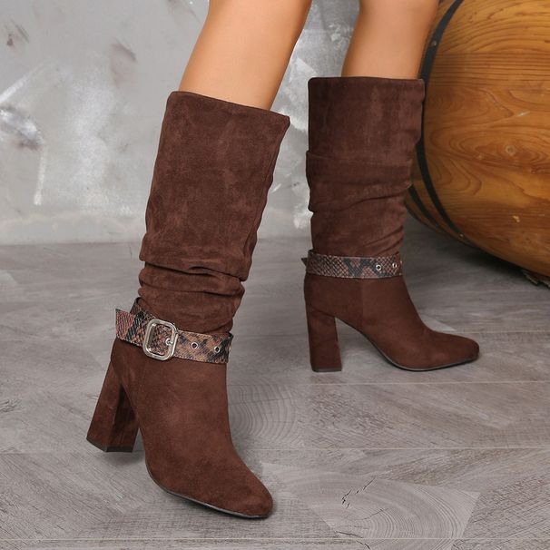 Women's Pointed Toe Western Boots With Belt Buckle Detail Chunky Heel Over-the-Knee Boots For Fall Winter Belt Buckle Western Boots_vogvips.com