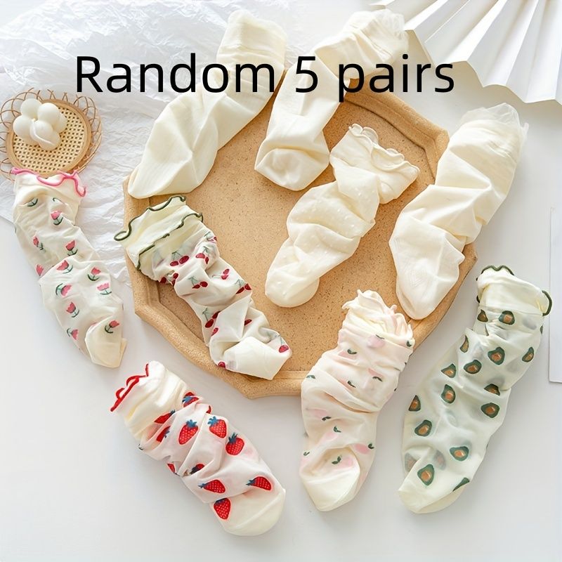 Randomly 5 Pairs Of Mid Length Spring And Summer Thin Lace Cute Breathable Socks_vogvips.com