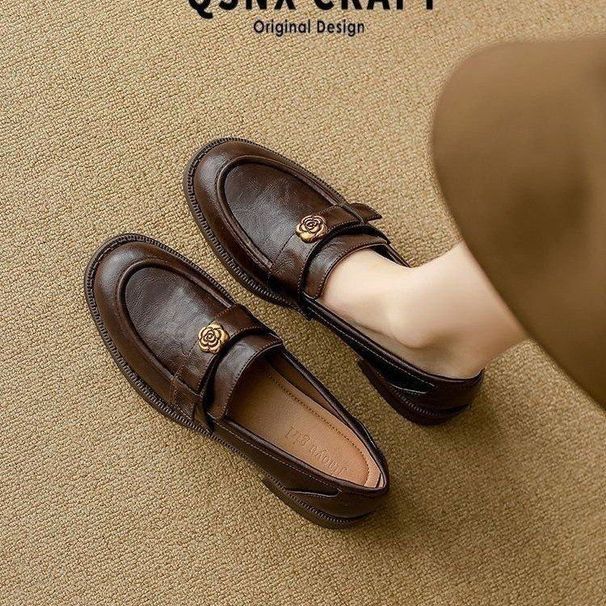 Womens Brown Leather Loafers Shock Absorbing With Rose Buckle Low Block Heel Shoes_vogvips.com