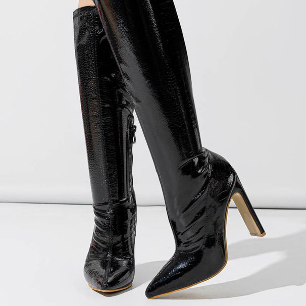 Women's Thigh-High Boots – Slimming Stone Grain Pointed Toe Boots (Stretchy & Heeled)_vogvips.com