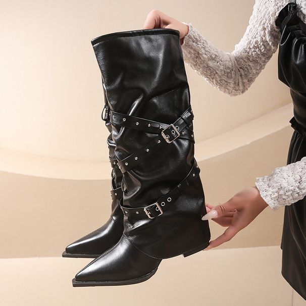 Comfortable 2025 Autumn Winter New Thick Heel Rivet Belt Buckle Wide Shaft Long Pointed Toe High Boots_vogvips.com
