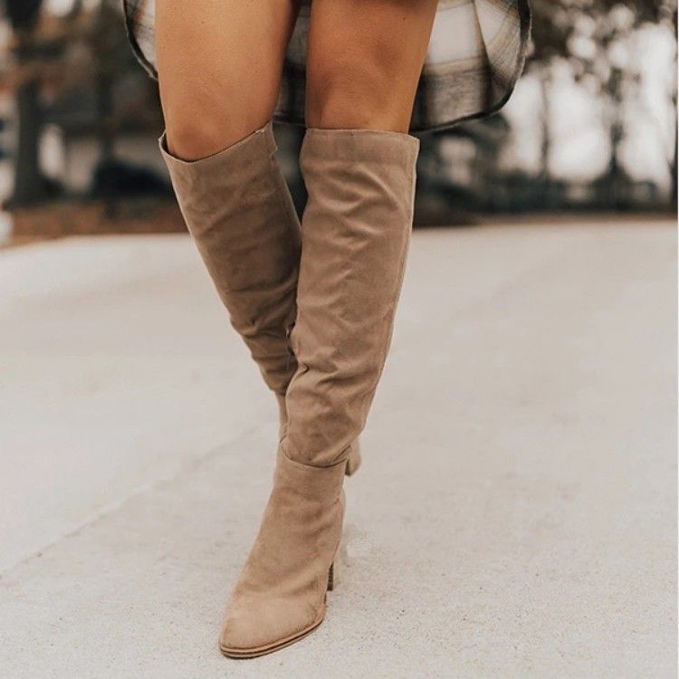 Women's Stylish Knee-High Riding Boots With Side Zipper, Pointed Toe & Chunky Heel - Suede Faux Leather Boots For Fall, Winter & Spring_vogvips.com