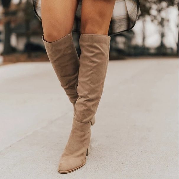 Women's Stylish Knee-High Riding Boots With Side Zipper, Pointed Toe & Chunky Heel - Suede Faux Leather Boots For Fall, Winter & Spring_vogvips.com