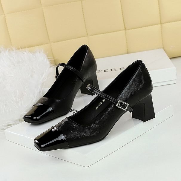 Medium heel thick and shallow mouth splicing square head diamond-like buckle with a single shoe spring and autumn women's shoes_vogvips.com