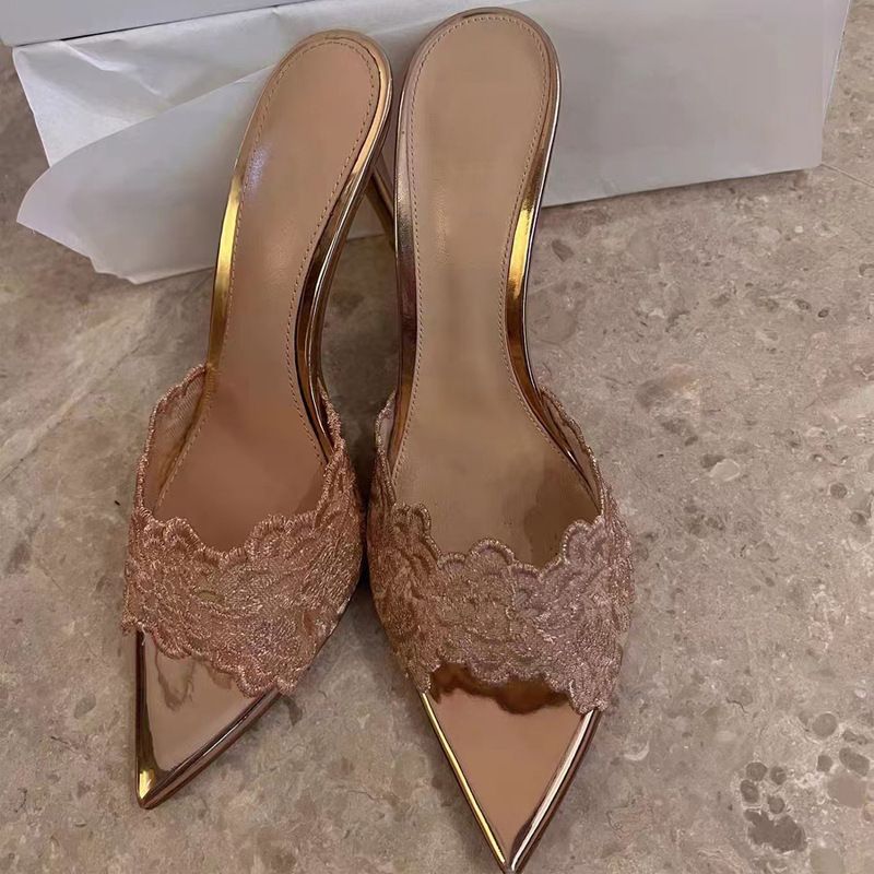 French Milk Apricot Lace High Heel Slippers Women's Versatile Stiletto Heel Socialite Niche Pointed Toe Thong Sandals Summer_vogvips.com