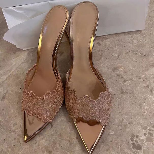 French Milk Apricot Lace High Heel Slippers Women's Versatile Stiletto Heel Socialite Niche Pointed Toe Thong Sandals Summer_vogvips.com