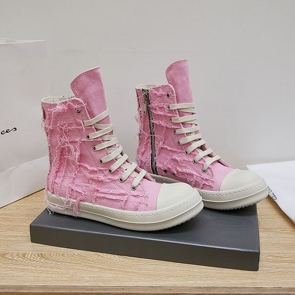 New European And American Style Canvas High Top Pink Tassel Ripped Sports Casual Women S Breathable Round Toe Lace Up_vogvips.com