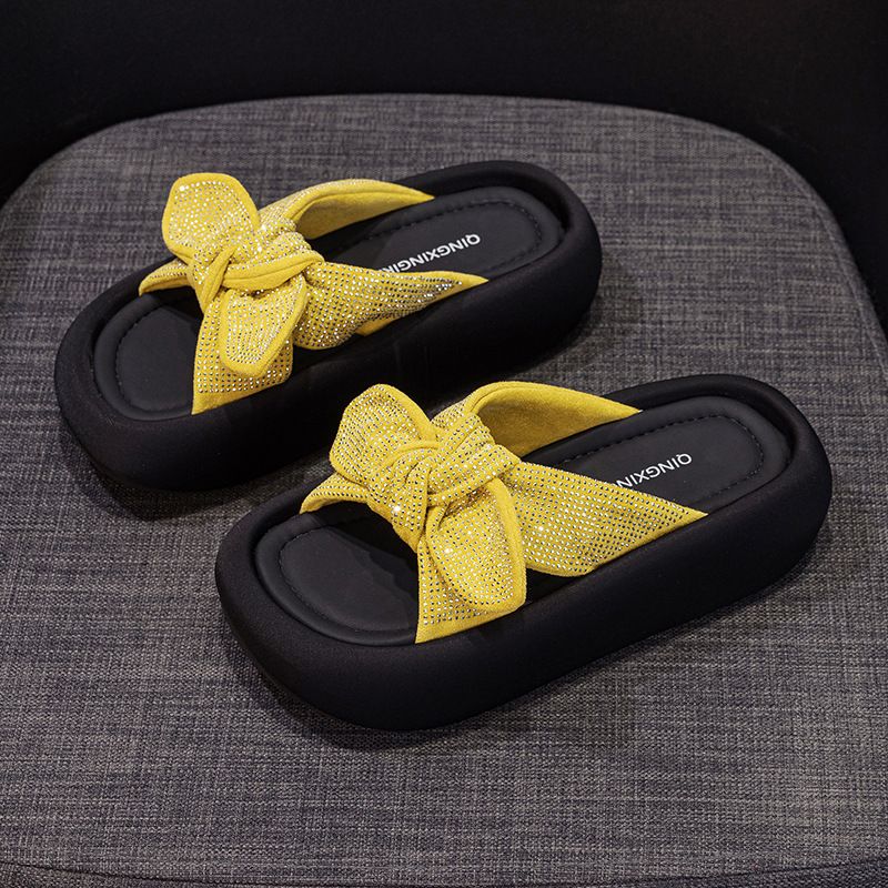 Rhinestone Outer Wear One-word Cool Slippers Women's Bow Casual Versatile Platform Beach Women's Shoes_vogvips.com