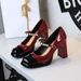 Women's Elegant Mary Jane Chunky Heel Shoes – Two-Tone Patent Leather With Pearl Accents & Platform For Parties & Evening Wear_vogvips.com