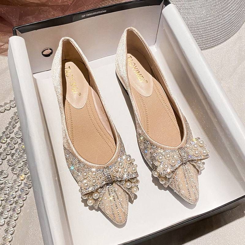 Pointed Toe Shoes For Womennew Thick Heel Shallow Mouth Diamond Pearl Bow Temperament Women's Shoes Four Seasons Soft Sole Comfortable_vogvips.com