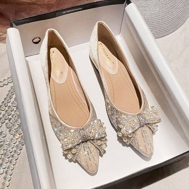Pointed Toe Shoes For Womennew Thick Heel Shallow Mouth Diamond Pearl Bow Temperament Women's Shoes Four Seasons Soft Sole Comfortable_vogvips.com