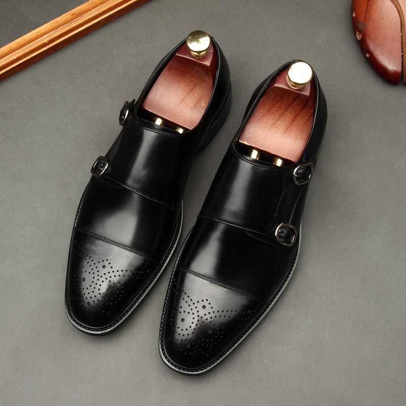 2020 New Men's European Style Formal Work Cowhide Double Buckle Wedding Pure Leather Handmade Shoes_vogvips.com