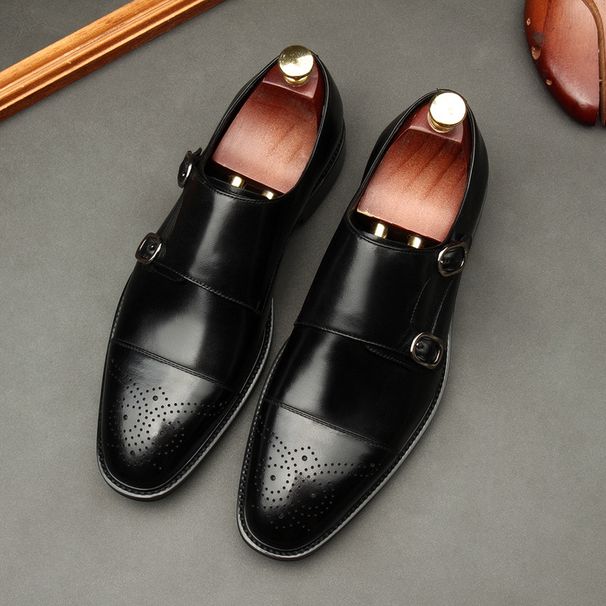 2020 New Men's European Style Formal Work Cowhide Double Buckle Wedding Pure Leather Handmade Shoes_vogvips.com
