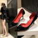 Red Sole High Heels Women 2025 New Patent Leather Color Side Hollow Pointed Toe Thin Heel Non-Slip Shallow Mouth Women's_vogvips.com