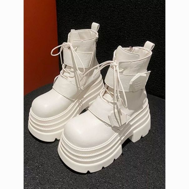 10CM Ultra Thick Sole Genuine Leather Short For Women 2025 Spring And Autumn New Velcro British Style Martin White_vogvips.com