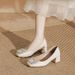 Genuine French-style Rhinestone Square-toed Chunky Heel Pumps, Soft Leather Shallow High-heeled Shoes Bridesmaids And_vogvips.com