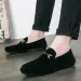 Mens Black Suede Loafers With Metal Buckle Slip On Casual Shoes_vogvips.com