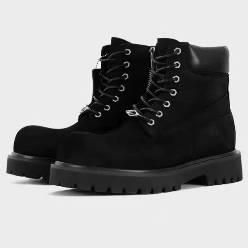 Unisex Chunky Sole Martin Boots – British-Inspired Leather & Fabric Side-Zip Boots With Cushioned Insoles (Black/Yellow, Height-Boosting Options)_vogvips.com