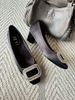 2026 New Luxury Black Satin Rhinestone Square Buckle Block Heel Pumps, Women Square Toe Slip On Elegant Dress Heels For Office Party Wedding_vogvips.com